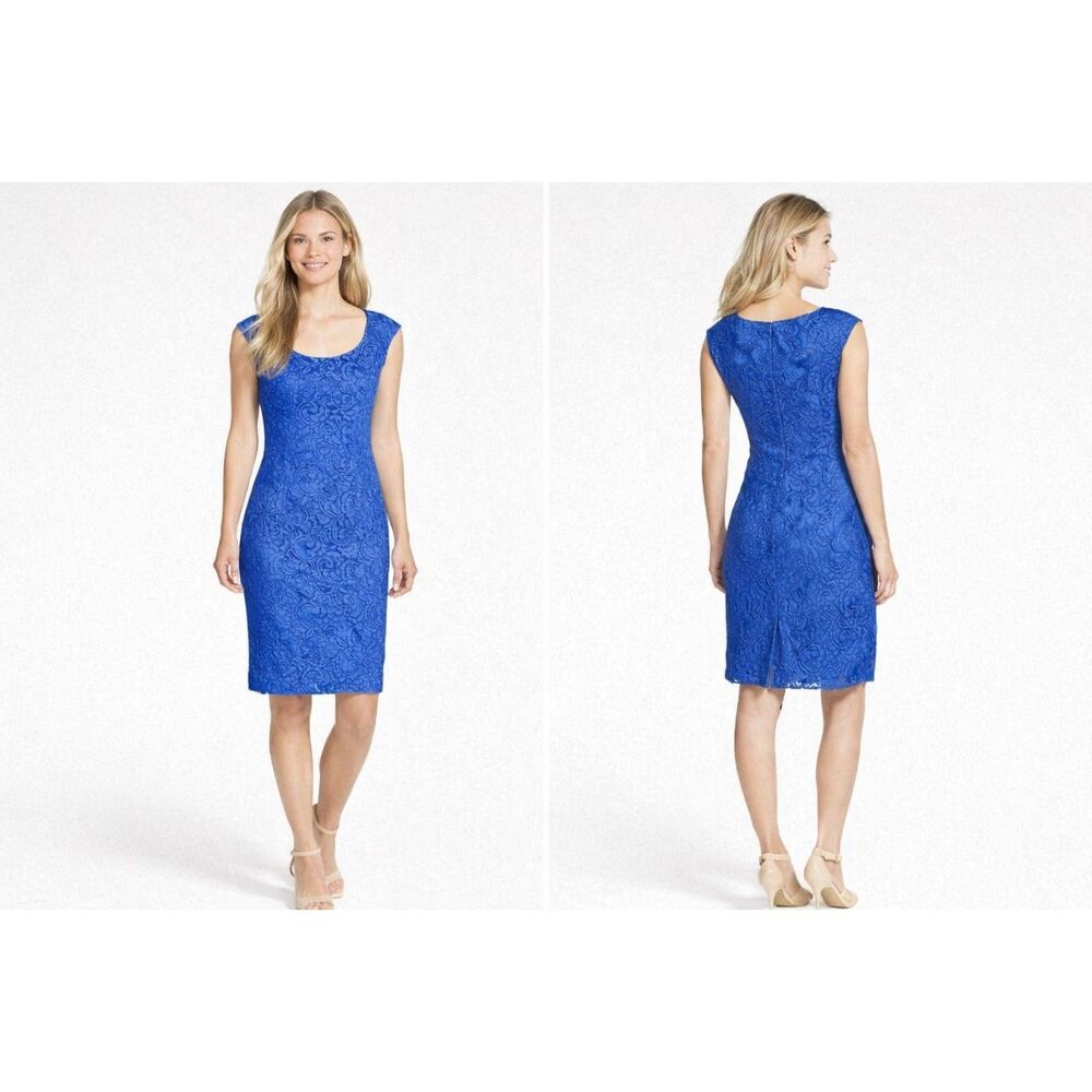 Adrianna Papell Blue Lace Sheath Dress Sz 8 Cocktail Wedding Guest Knee Length